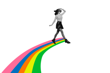 Composite collage picture of black white colors girl walk lgbt rainbow isolated on creative background