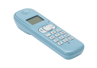 Isolated aqua blue cordless phone offers easy home telephone use with push button dialing