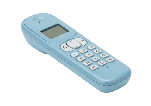 Isolated aqua blue cordless phone offers easy home telephone use with push button dialing