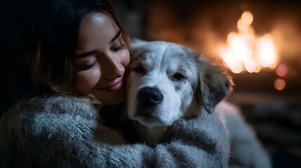 A woman warmly embraces her dog both finding comfort and peace by the soft glow of a fireplace