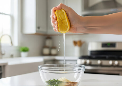 Hand squeezing fresh lemon juice into a glass bowl with ingredients - Powered by Adobe