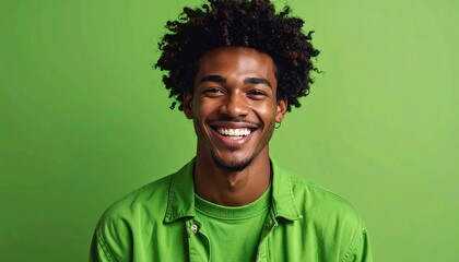 Smiling young man against a solid green background