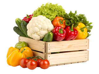 Fresh assortment of healthy vegetables in a wooden crate isolated on transparent background