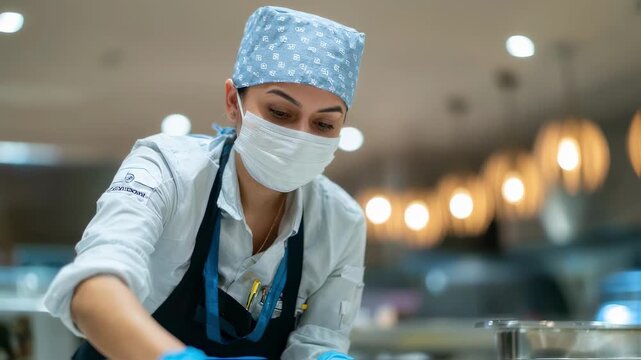 Staff member in uniform is meticulously cleaning food preparation surfaces with disinfectant wipes emphasizing hygiene in a softly blurred kitchen environment.