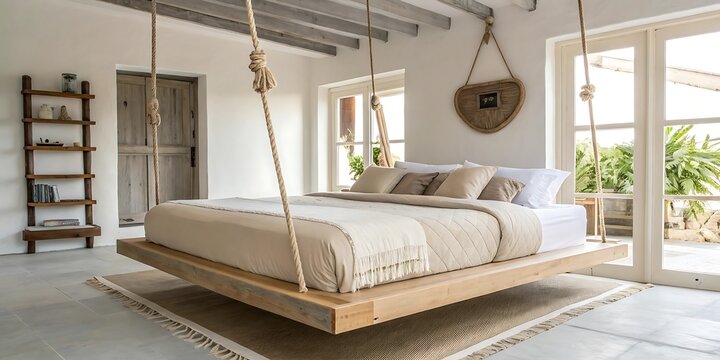A unique floating bed with a wooden frame suspended by ropes in a bright, airy bedroom with natural light and bohemian decor.