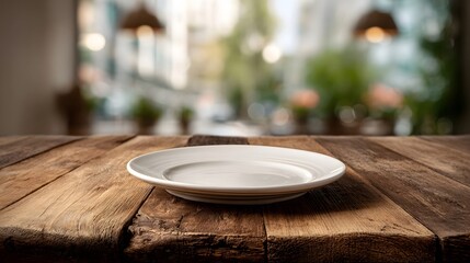 A clean empty white plate rests on a textured rustic wooden table set against a softly blurred background suggesting a dining environment