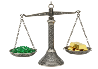 Isolated antique balance scale, with gold ingots and emeralds, weighing cost value