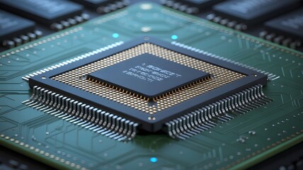 A close-up view of a computer chip on a circuit board, illuminated with blue tones, highlighting intricate electronic connections and components.