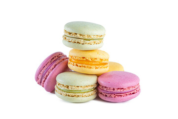 Colorful French macarons isolated on a white background.