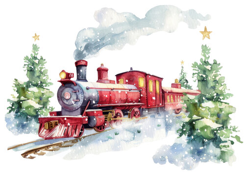 Fototapeta PNG Christmas train illustration watercolor trees.