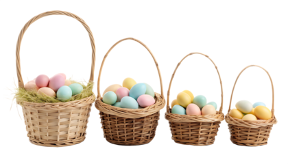 Four woven wicker easter baskets filled with colorful pastel eggs and straw isolated on transparent background