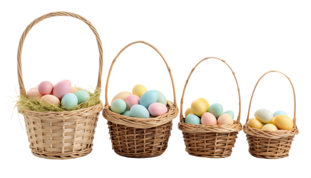 Four woven wicker easter baskets filled with colorful pastel eggs and straw isolated on transparent background