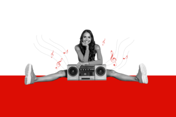 Creative collage picture young cheerful woman disco club listen boombox portable audio player playlist album rhythm notes entertainment