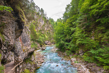 Tranquil mountain river gorge with wooden walkway through lush green forest and cliffs