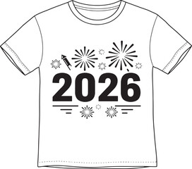 Naklejka premium Celebrate 2026 Vector Graphic Tee with Fireworks for New Year’s Eve Party and Future-Themed Apparel Design