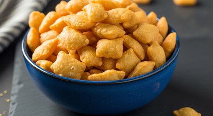 Fototapeta premium Bowl of cheddar cheese crackers, a savory and crunchy snack perfect for satisfying cravings, served in a blue bowl on dark surface