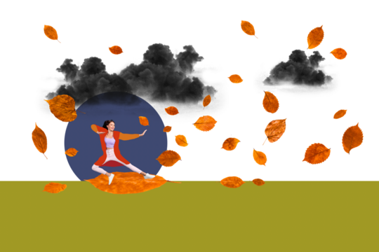Composite photo collage of happy girl do karate dry leaves fight autumn weather cloud cyclone season isolated on painted background