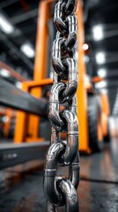 Industrial chain glistens under lights in a warehouse during daytime operations