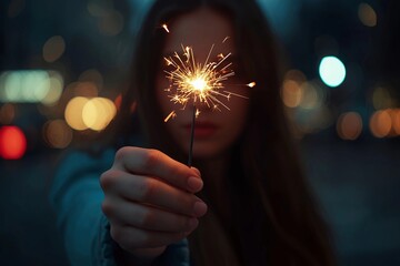 hand holding lit sparkler with fiery sparks and bokeh lights in urban night scene