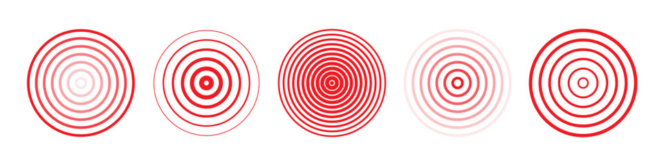 Red concentric circles representing pain or pressure points. Medical or health concept icons with varied line weights and opacities. Minimal flat style graphic. Vector illustration.