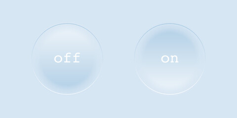 Neumorphic on off buttons with soft 3D effect on light blue background. Minimal UI design style featuring smooth gradients and subtle shadows for modern interface. Abstract vector illustration.