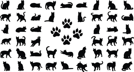 Cat silhouette illustration set with paw print circle, feline poses vector clipart for pet themes, animal behavior, and minimalist design