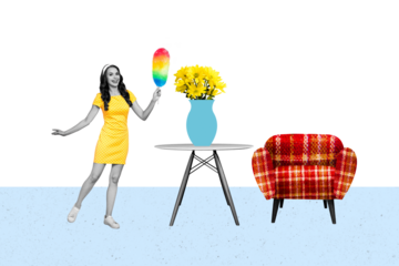 Composite trend artwork 3D sketch image collage of young woman householder clean up dust home room interior armchair table bouquet vase