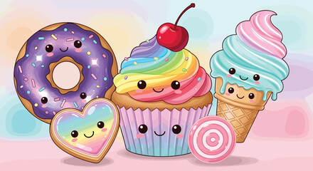Cute dessert cartoon illustration set, smiling donut, cupcake, ice cream, candy and cookie characters, pastel background vector for playful themes