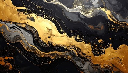 A swirling abstract design featuring fluid, gold-colored streaks and splatters against a dark, textured backdrop with gray accents