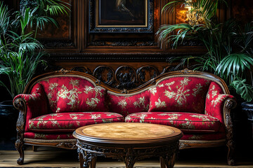 Elegant red velvet sofa and coffee table in vintage interior