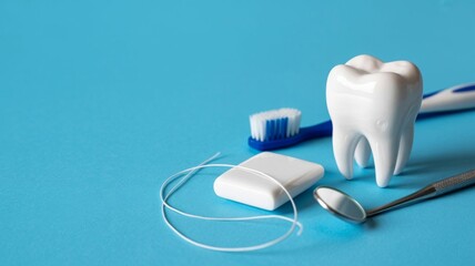 Dental Hygiene Essentials: A still life composition of essential dental hygiene tools, presented against a clean, blue backdrop