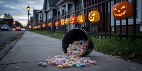 Spooky Street: An atmospheric Halloween scene with illuminated pumpkin lanterns and scattered candies on a street, capturing the spooky season ambiance.