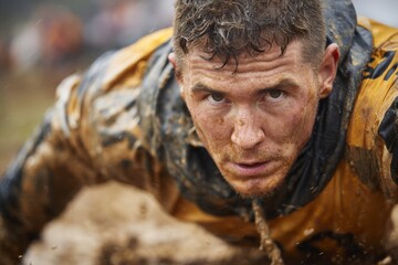 A determined athlete crawls through thick mud during an obstacle race set in a challenging outdoor environment. Focused and gritty, he pushes forward