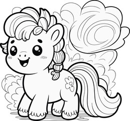 Cute pony cartoon illustration, braided mane and tail, cheerful animal vector, flower mark design, playful background with clouds and bushes