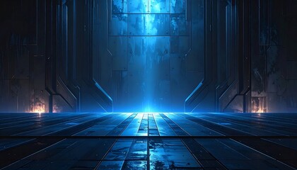Futuristic Blue Lit Corridor with Metallic Walls and Reflective Floor.