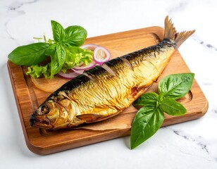 Smoked fish on a wooden board with herbs