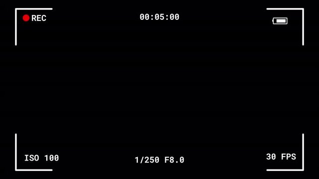 Camera Viewfinder Overlay with REC, ISO, and Timer Display . digital camera screen overlay showing a red REC icon, ISO 100, shutter speed 1/250, aperture F8.0, 25 FPS, battery level