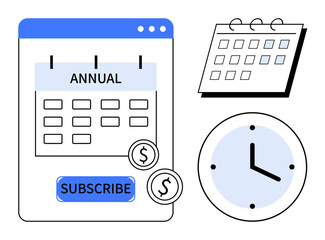 Digital calendar for annual subscription, clock symbolizing time, payment signs for cost. Ideal for finance, time management, subscription services, planning, scheduling business reminders. Simple