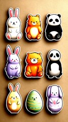 Cute animal sticker collection featuring rabbits, bears, and a panda, perfect for spring celebrations and Easter decorations - High Contrast