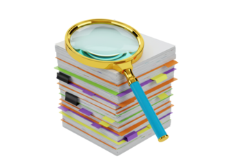 Isolated stack of documents with colorful tabbed pages and magnifying glass on top