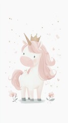 Charming unicorn with pink mane in crown surrounded by flowers and sparkles - Low Contrast