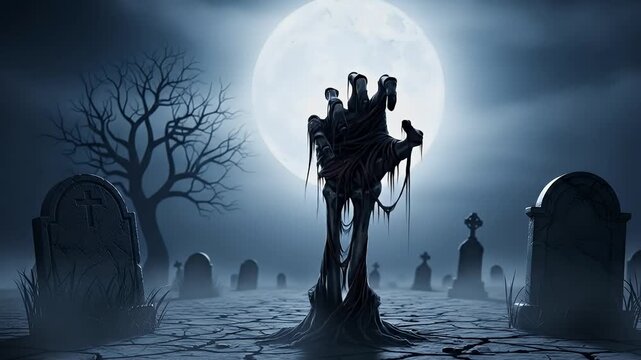 A hand of an undead person coming out of the barren earth of a cemetery. 4K Video.
