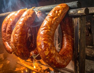 Smoked sausages hanging over a fire