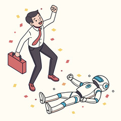A victorious businessman celebrates while a defeated robot lies on the ground amidst scattered confetti.