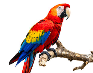Obraz premium Vibrant scarlet macaw parrot perched on a branch isolated on transparent background