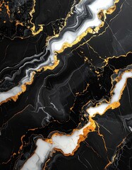 Black Marble Texture with Vibrant Orange-Gold Veins 鮮やかなオレンジゴールドヴェイン入りブラックマーブルテクスチャ	