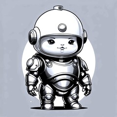 A cartoon robot baby wearing a helmet and armor stands in front of a circle