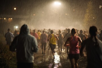 Runners compete in a nighttime event under pouring rain, demonstrating resilience and teamwork as they navigate the challenging course amidst wet conditions
