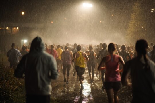 Runners compete in a nighttime event under pouring rain, demonstrating resilience and teamwork as they navigate the challenging course amidst wet conditions - Powered by Adobe