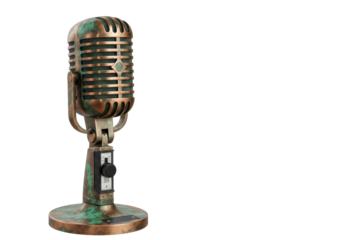 Isolated microphone on stand, vintage-style audio equipment with weathered copper finish